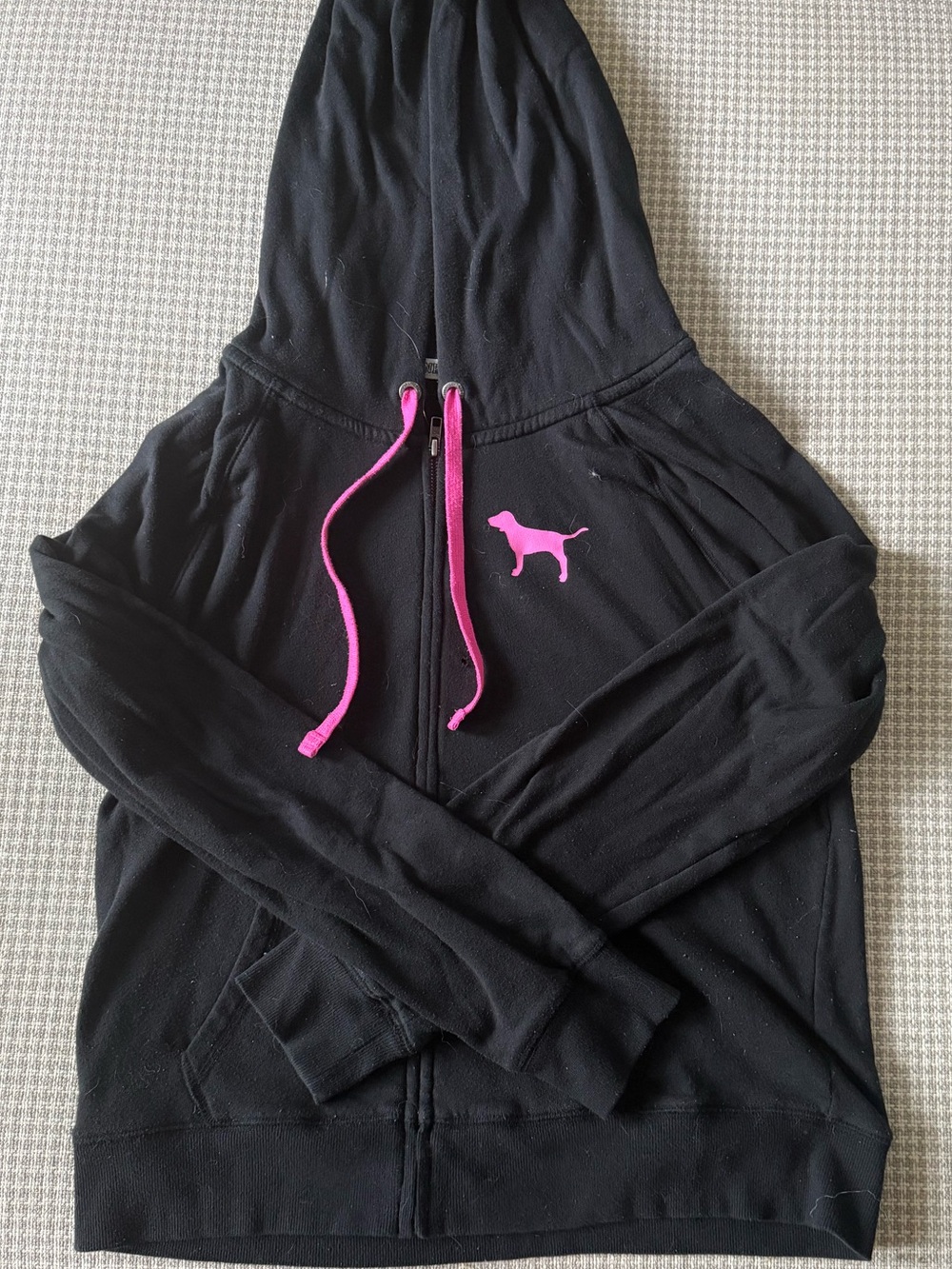 PINK Victoria's Secret Black Zip-Up Hoodie with Pink Logo & Drawstrings